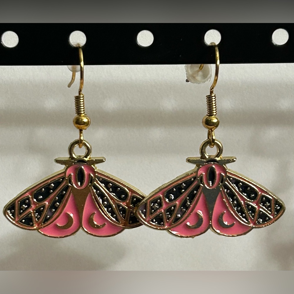 Handmade Pink & Black Moth Gold Finish Earrings Brand New